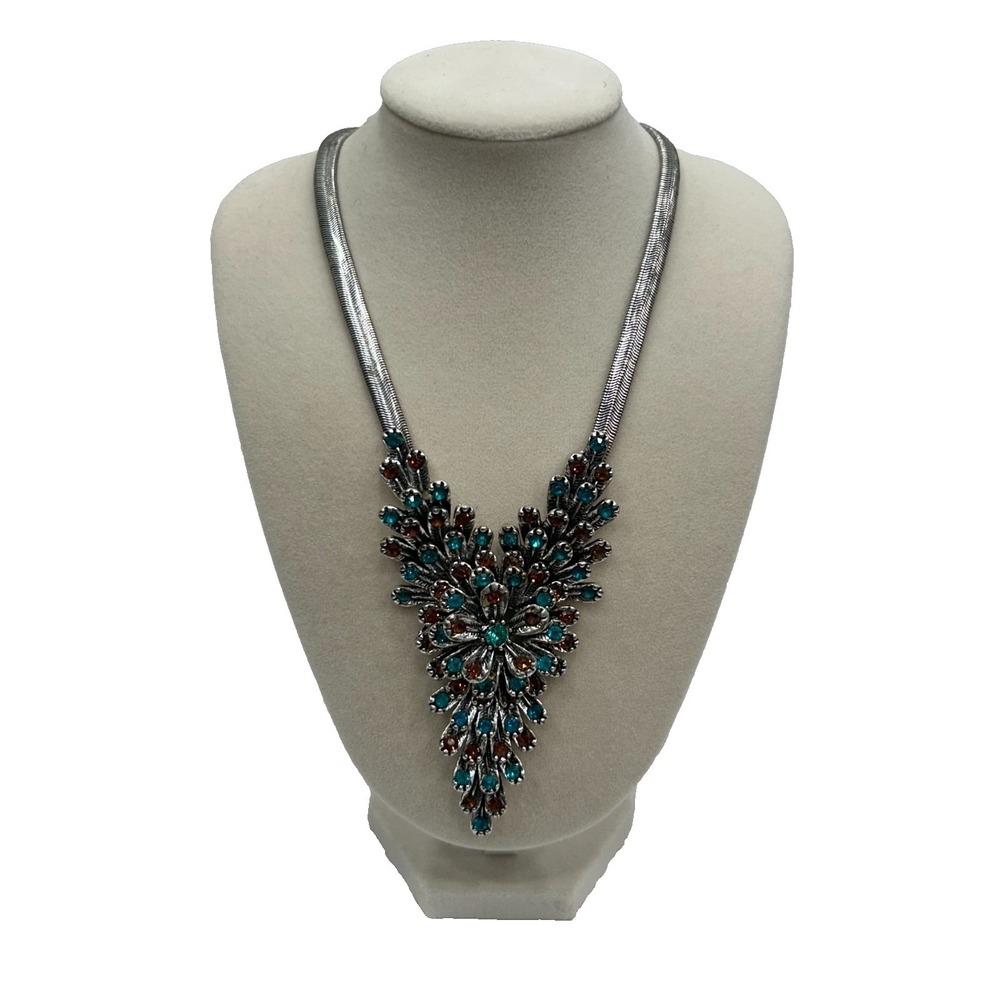Vintage Style Teal & Amber Crystal Statement Bib Necklace Snake‎ Chain 18"